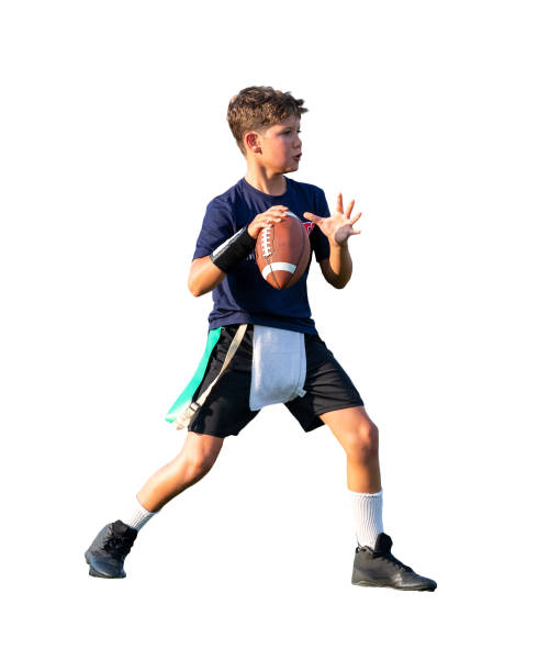 istock Young boy playing in a flag football game 1264354244