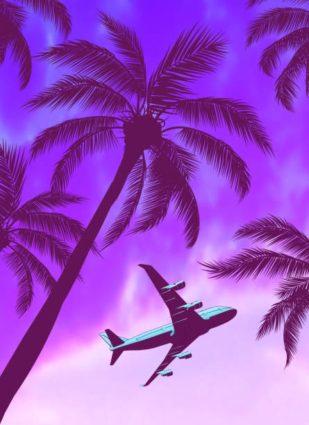 istock Passenger Airplane Over Palm Trees with Beautiful Blue Green Yellow Sunset 1264355042