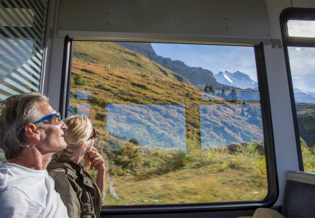 istock Mature couple in moving train enjoy the passing views 1264356354
