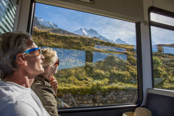 istock Mature couple in moving train enjoy the passing views 1264356888