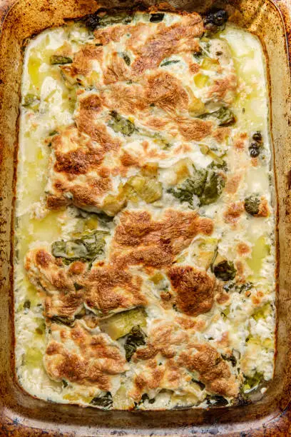 Creamed chicken and artichoke casserole dish with crisped mozzarella and spinach