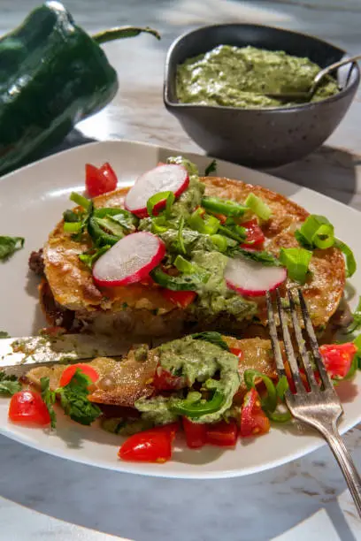 Mexican sirloin tip steak carne asada mulitas quesadillas with creme fraiche poblano pepper verde sauce