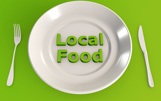 Local Food concept on a plate 3d rendering isolated on green background