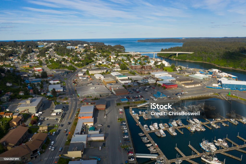Aerial View Over The Town and Waterfront of Kodiak Alaska It's a beautiful day over the Marina boats and harbor on Kodiak Island Kodiak Island Stock Photo