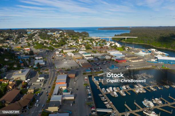 Aerial View Over The Town And Waterfront Of Kodiak Alaska Stock Photo - Download Image Now