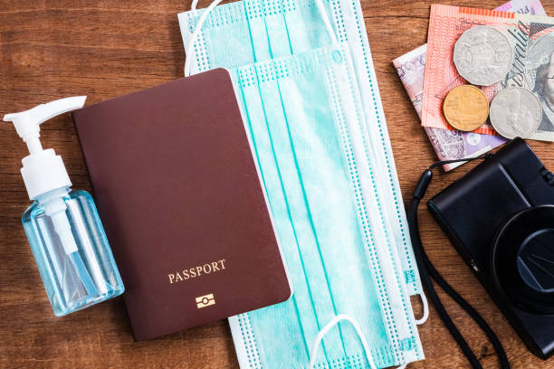 istock Travel Passport with Mask and Alcohol 1264359121