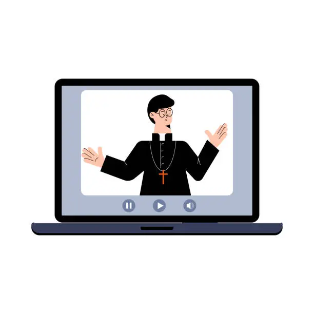 Vector illustration of Pastor gives a lecture or sermon online on laptop isolated on white background.