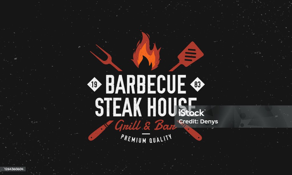Barbecue, Steak House restaurant logo, poster. BBQ grill logo with fire flame, spatula and grill fork. Vector emblem template. Vector illustration Barbecue Grill stock vector