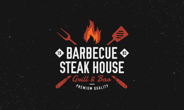 Barbecue, Steak House restaurant logo, poster. BBQ grill logo with fire flame, spatula and grill fork. Vector emblem template. Vector illustration high quality kitchen equipment stock illustrations