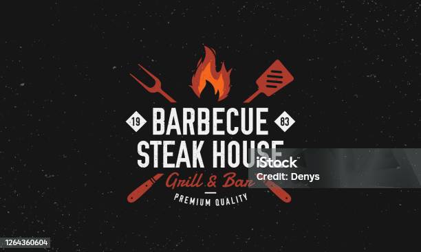 Barbecue Steak House Restaurant Logo Poster Bbq Grill Logo With Fire Flame Spatula And Grill Fork Vector Emblem Template Stock Illustration - Download Image Now