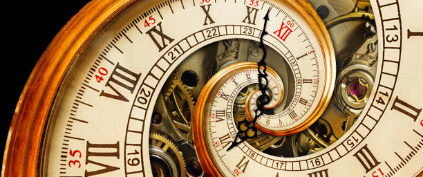 背景にメカニズムを持つ黄金の黄色のアンティーク古い時計スパイラル抽象的なフラクタル。タイムスパイラルコンセプトイメージポスター - clockworks machine part gear clock ストックフォトと画像