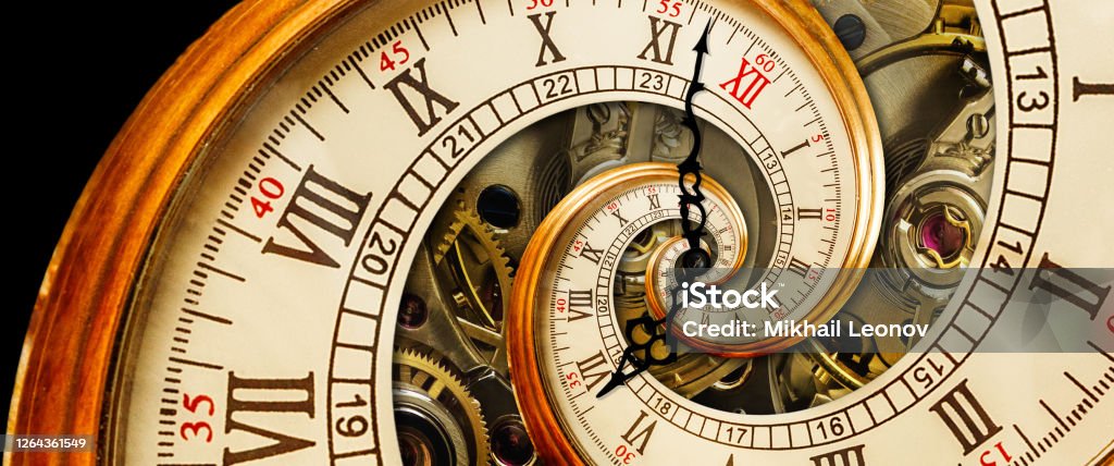 Golden yellow antique old clock spiral abstract fractal with mechanism in the background. Time spiral concept image poster Golden yellow antique old clock spiral abstract fractal. Retro surreal clock with mechanism in the background. Time spiral concept image poster Unusual watch with roman arabic numerals and clock hands Clock Stock Photo