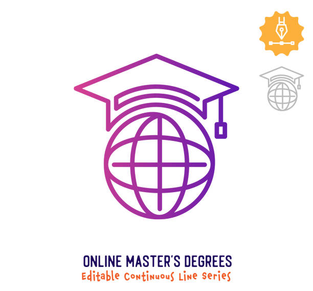 Online Master's Degrees Continuous Line Editable Stroke Icon Online master's degrees vector icon illustration for logo, emblem or symbol use. Part of continuous one line minimalistic drawing series. Design elements with editable gradient stroke line. alumni stock illustrations