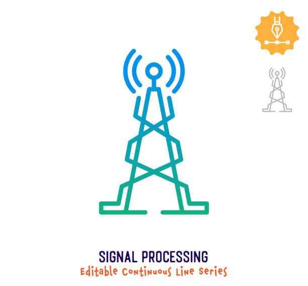 Signal Processing Continuous Line Editable Stroke Icon Signal processing vector icon illustration for logo, emblem or symbol use. Part of continuous one line minimalistic drawing series. Design elements with editable gradient stroke line. cell tower stock illustrations