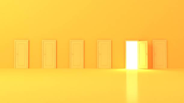 istock 3d illustration of a yellow studio background with an open door 1264365044