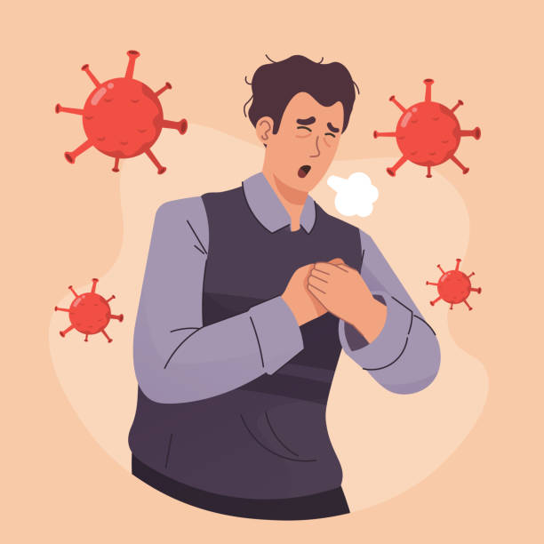 호흡곤란을 가진 남자. 코로나바이러스 증상 - coughing virus bacterium sneezing stock illustrations