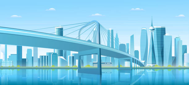 City bridge over water bay vector illustration, cartoon flat modern new bridge to downtown futuristic metropolis, blue downtown cityscape background City bridge over water bay vector illustration. Cartoon flat modern new bridge to downtown futuristic metropolis, blue downtown cityscape with waterfront buildings, tower skyscrapers landscape view bay cartoon stock illustrations