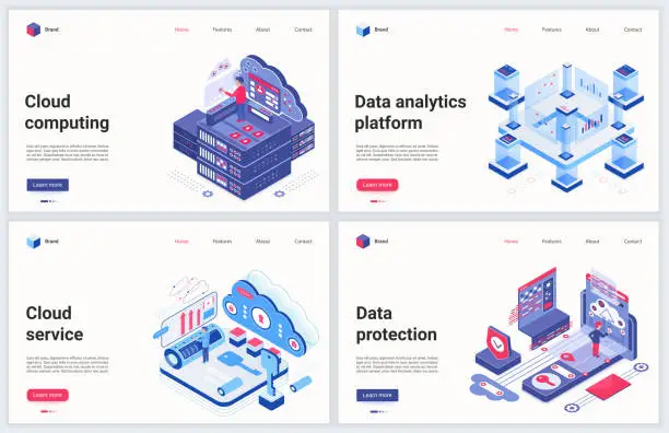 Vector illustration of Isometric cloud data service vector illustration, cartoon 3d modern cloud datacenter platform storage, futuristic digital network technology