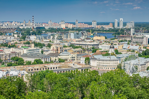 Cityscape stock photograph of downtown Kiev, Ukraine on a sunny summer day.