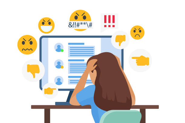 Cyber bullying people vector illustration, cartoon flat sad young bullied girl character sitting in front of computer with online dislike in social media Cyber bullying people vector illustration. Cartoon flat sad young bullied girl character sitting in front of computer with online dislike in social media, cyber bully mockery problem isolated on white harassment stock illustrations