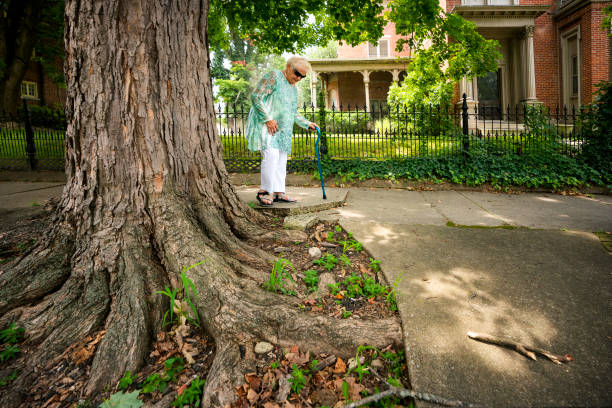 istock Senior walking on uneven sidewalk with cane 1264372737