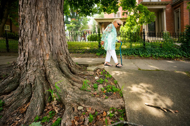 istock Senior walking on uneven sidewalk with cane 1264372740