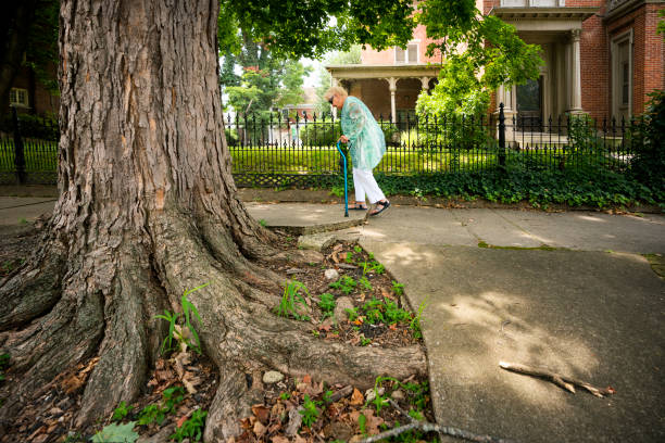 Senior walking on uneven sidewalk with cane