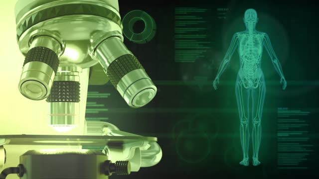 Concept for healthcare with scientific microscope on creative green background with x-ray female skeleton and body anatomy examination, 4K 60fps UHD 3D animation clip art