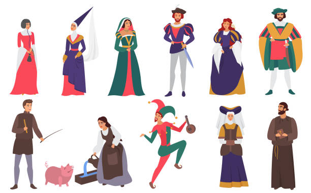 Medieval people vector illustration flat set, cartoon medieval person history collection of man woman characters in old historical aristocrat costumes isolated on white Medieval people vector illustration flat set. Cartoon medieval person history collection of man woman characters in old historical aristocrat costumes, peasant farmer, priest, jester isolated on white renaissance dress stock illustrations
