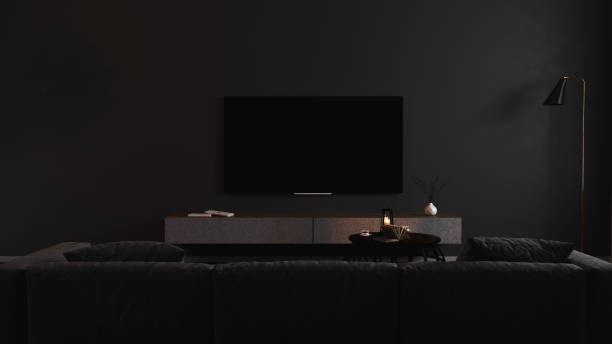 leerer tv-bildschirm im modernen dunklen interieur mit grauem sofa in dunkelheit mock-up, frontansicht. tv im wohnzimmer innenhintergrund, leere tv-display-vorlage, 3d-render - zimmer bildschirm stock-fotos und bilder