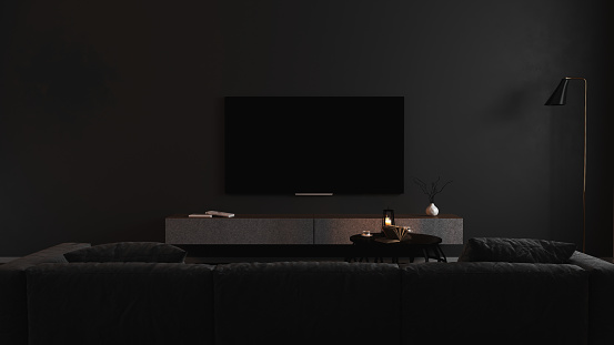 Blank TV screen in modern dark interior with gray sofa in darkness mock up, front view. TV in living room interior background, empty TV display template, 3d render