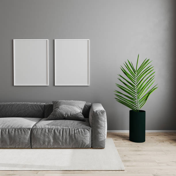 istock Blank empty white poster frame in modern living room interior background, scandinavian style living room mock up with gray sofa and green plant on wooden laminate floor, 3d render 1264375013