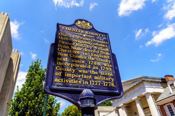 West Chester West Chester, PA, USA - August 5, 2020: A Pennsylvania Historical Marker Sign noting the formation of Chester Couty by William Penn. borough district type photos stock pictures, royalty-free photos & images