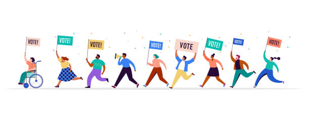 Group of people, walking with flags to elections. Crowd of women and men at a demonstration. Concept for election campaign, voting theme vector background. Group of people, walking with flags to elections. Crowd of women and men at a demonstration. Concept for election campaign, voting theme background. Vector illustration democracy illustrations stock illustrations