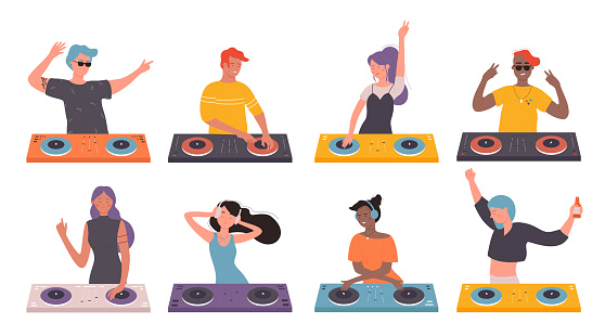 DJ People on musical party vector illustration set. Cartoon flat man woman DJ characters with headphones and turntable mixer making contemporary music in night club, spinning disc isolated on white