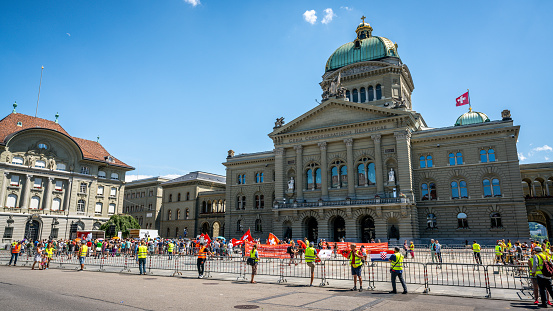 Bern Switzerland , 27 June 2020 : Rally of opponents against measures to prevent spread of Covid-19 on federal square in front of the federal parliament palace building in Bern Switzerland