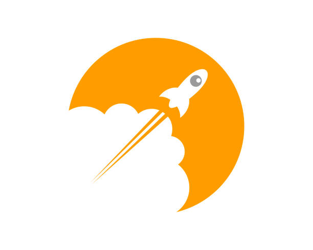 ilustraciones, imágenes clip art, dibujos animados e iconos de stock de forma de círculo naranja con deslizamiento de cohete - industrial ship flash