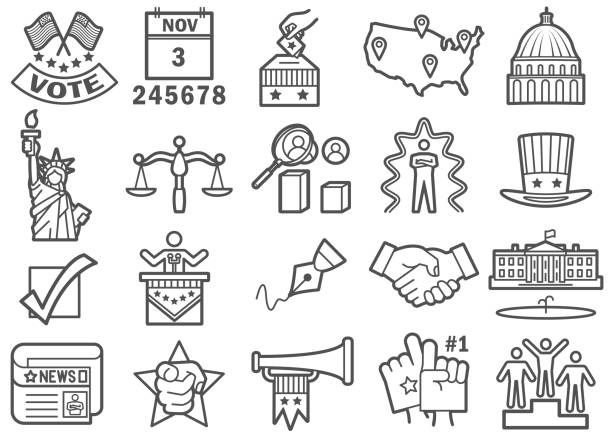 illustrazioni stock, clip art, cartoni animati e icone di tendenza di set di icone del giorno delle elezioni degli stati uniti - interface icons election voting usa