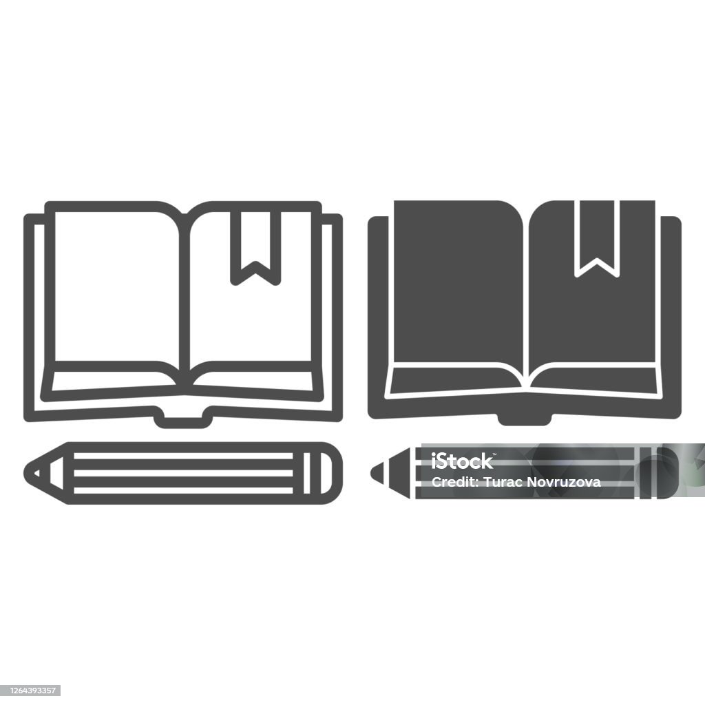 Bok med bokmärke och penna linje och solid ikon, skolkoncept, Anteckningsbok och penna tecken på vit bakgrund, öppen bok med bokmärke och penna ikon i disposition stil för mobil. Vektorgrafik. - Royaltyfri Illustration vektorgrafik