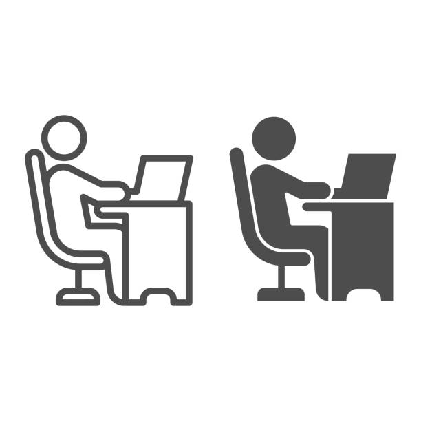 노트북 라인과 단단한 아이콘, 코워킹 컨셉, 흰색 배경의 랩톱 사인에서 일하는 프리랜서, 윤곽선 스타일의 컴퓨터 아이콘에서 작업하는 사업가가 있는 테이블에서 의자에 앉은 남자. 벡터 그래 - jobs stock illustrations