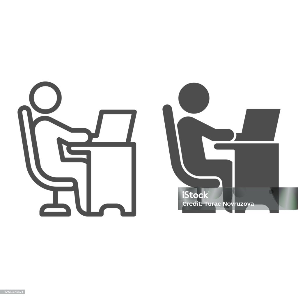 Man i stol vid bordet med laptop linje och solid ikon, Coworking koncept, frilansare som arbetar på laptop tecken på vit bakgrund, Affärsman arbetar på datorikon i disposition stil. Vektorgrafik. - Royaltyfri Ikon vektorgrafik
