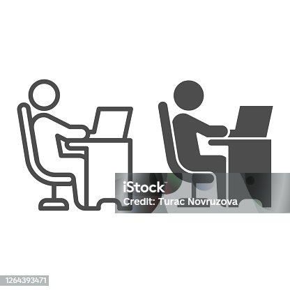 istock Man in chair at table with laptop line and solid icon, Coworking concept, freelancer working on laptop sign on white background, Businessman working on computer icon in outline style. Vector graphics. 1264393471