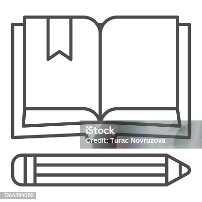 istock Book with bookmark and pencil thin line icon, school concept, Notebook and pencil sign on white background, open book with bookmark and pen icon in outline style for mobile. Vector graphics. 1264394080