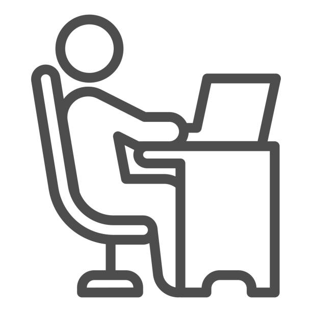 ilustraciones, imágenes clip art, dibujos animados e iconos de stock de hombre en silla en la mesa con el icono de línea de portátil, concepto de coworking, freelancer que trabaja en el signo de la computadora portátil en el fondo blanco, businessman trabajando en el icono de la computadora en estilo de esquema. gráficos v - red chairs