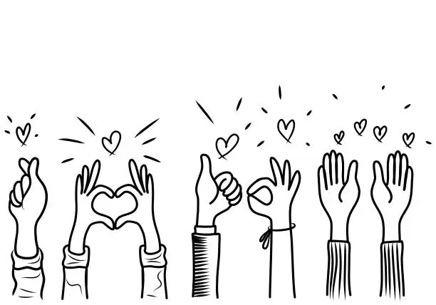 Vector illustration of doodle hands up,Hands clapping with love. Concept of charity and donation. Give and share your love to people. vector illustration