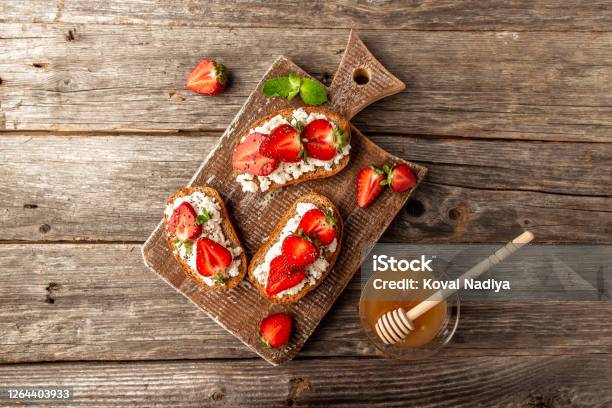 Strawberry Bruschetta With Goat Cheese Banner Catering Menu Recipe Place For Text Top View Stock Photo - Download Image Now