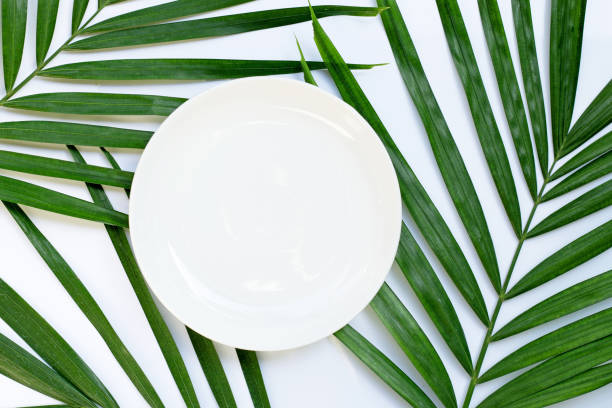 istock Empty white ceramic plate on tropical palm leaves on white background. Top view 1264403964
