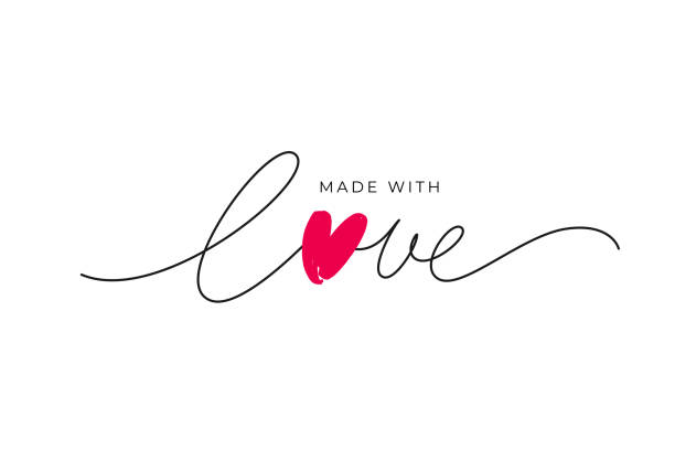 ilustrações de stock, clip art, desenhos animados e ícones de made with love lettering with heart symbol. hand drawn black line calligraphy. - modern handmade