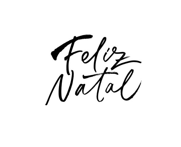 펠리즈 나탈은 포르투갈어로 서예. 메리 크리스마스 블랙 브러쉬 문자 흰색 배경에 고립. - 포르투갈어 일러스트 stock illustrations