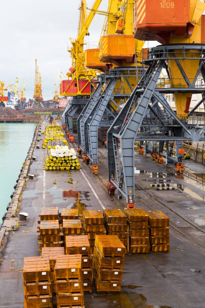 istock Odessa, Ukraine - October 13, 2016: Container cranes in cargo port terminal, cargo cranes without job in an empty harbor port. A crisis. Defaulted paralyzed entire economy 1264410270